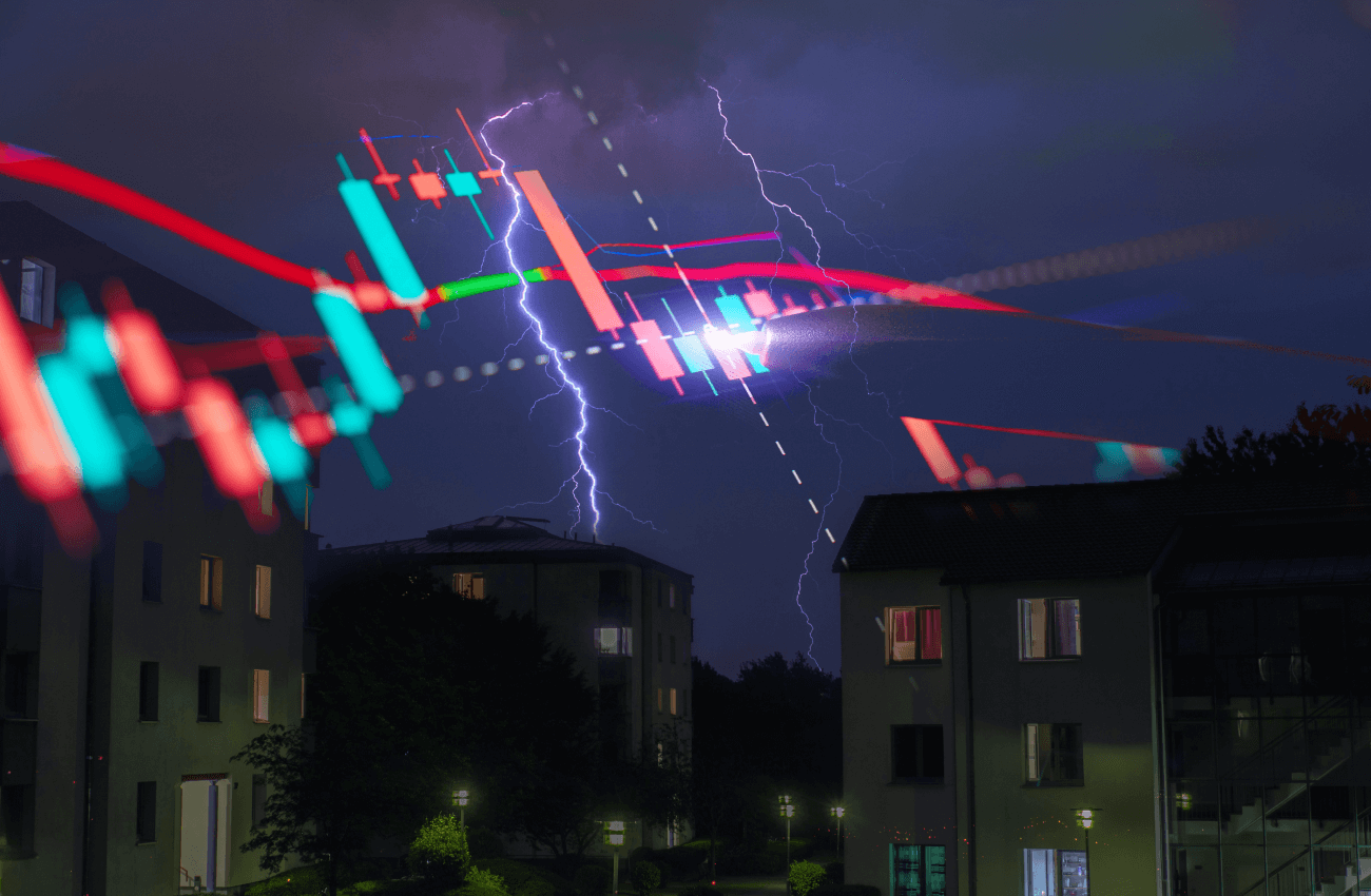 Finanzchart im Himmel während Sturm über Häusern