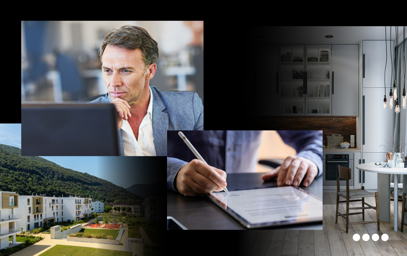 Collage aus Bildern von Immobilientransaktionen.