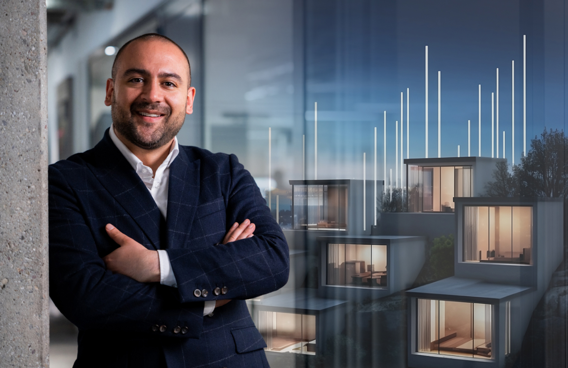 Bild Adrian Künzi, CRO von properti, vor modernen Immobilien