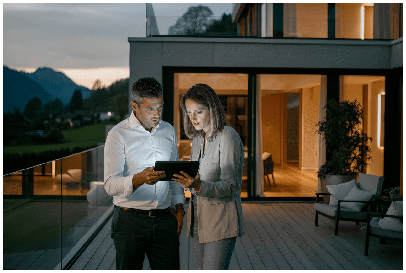 Paar prüft Immobilienangebote von properti auf einem Tablet vor einer modernen Schweizer Immobilie