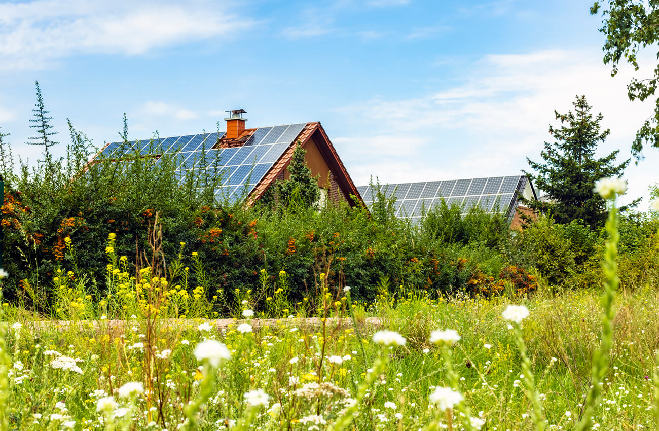 Häuser mit Solaranlagen in grüner Umgebung – Sinnbild für nachhaltiges Wohnen und moderne Immobilienstandards