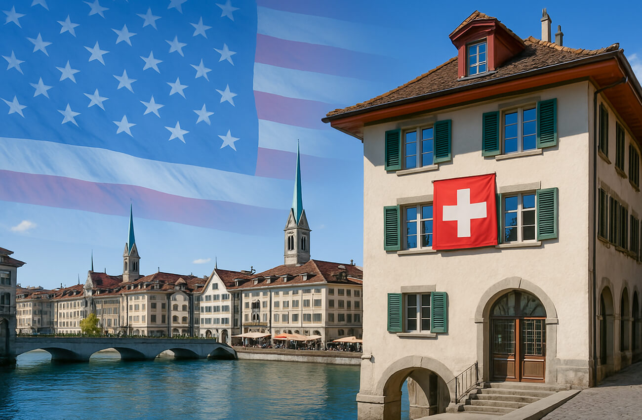 Photorealistische Aufnahme eines Schweizer Hauses vor städtischer Kulisse mit subtiler US-Flagge im Hintergrund – symbolisiert globale Wirtschaftseinflüsse auf den Immobilienmarkt.