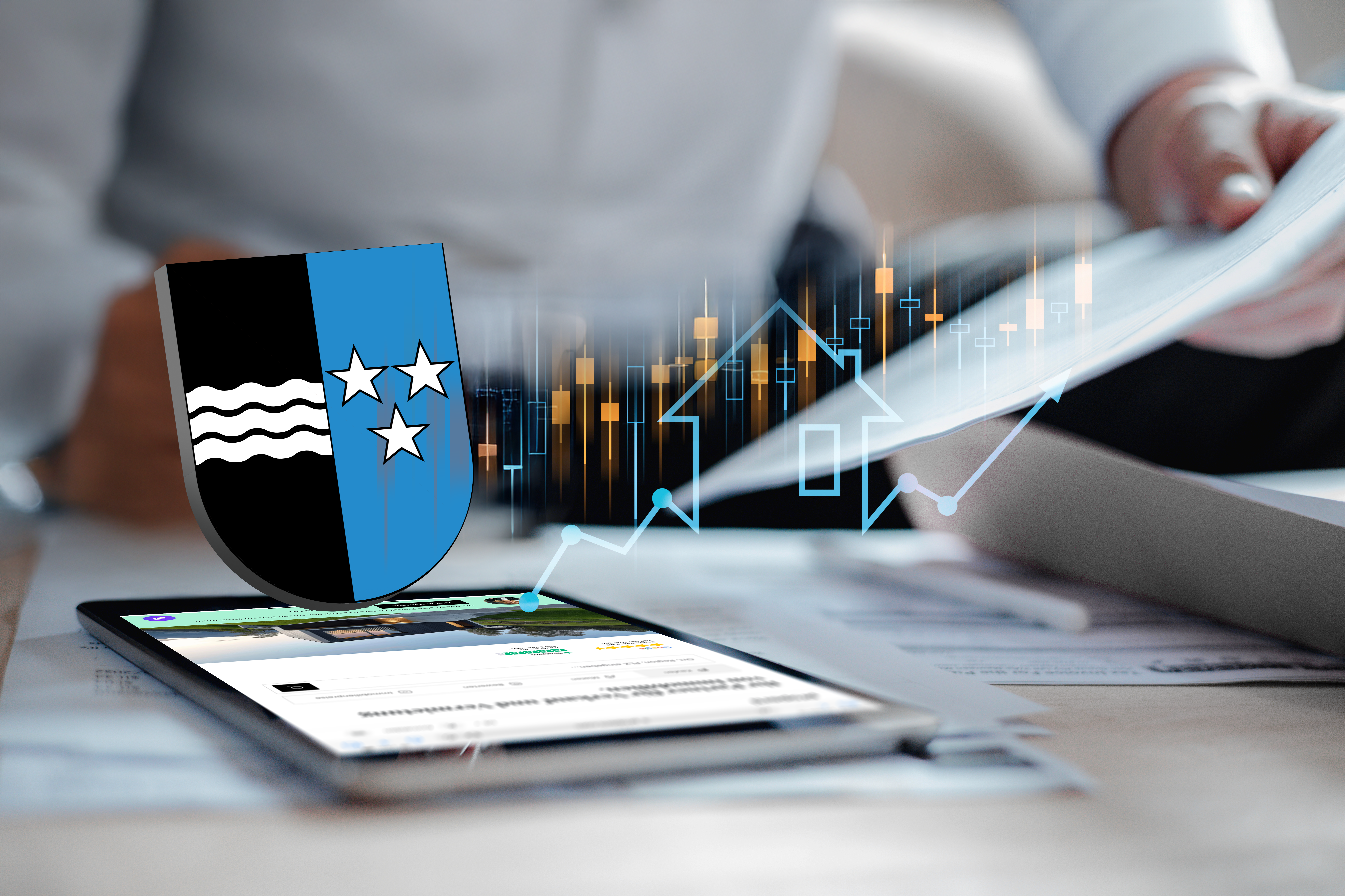 Tablet mit Immobilienwebsite und das Wappen des Kantons Aargau, umgeben von Finanzdiagrammen.