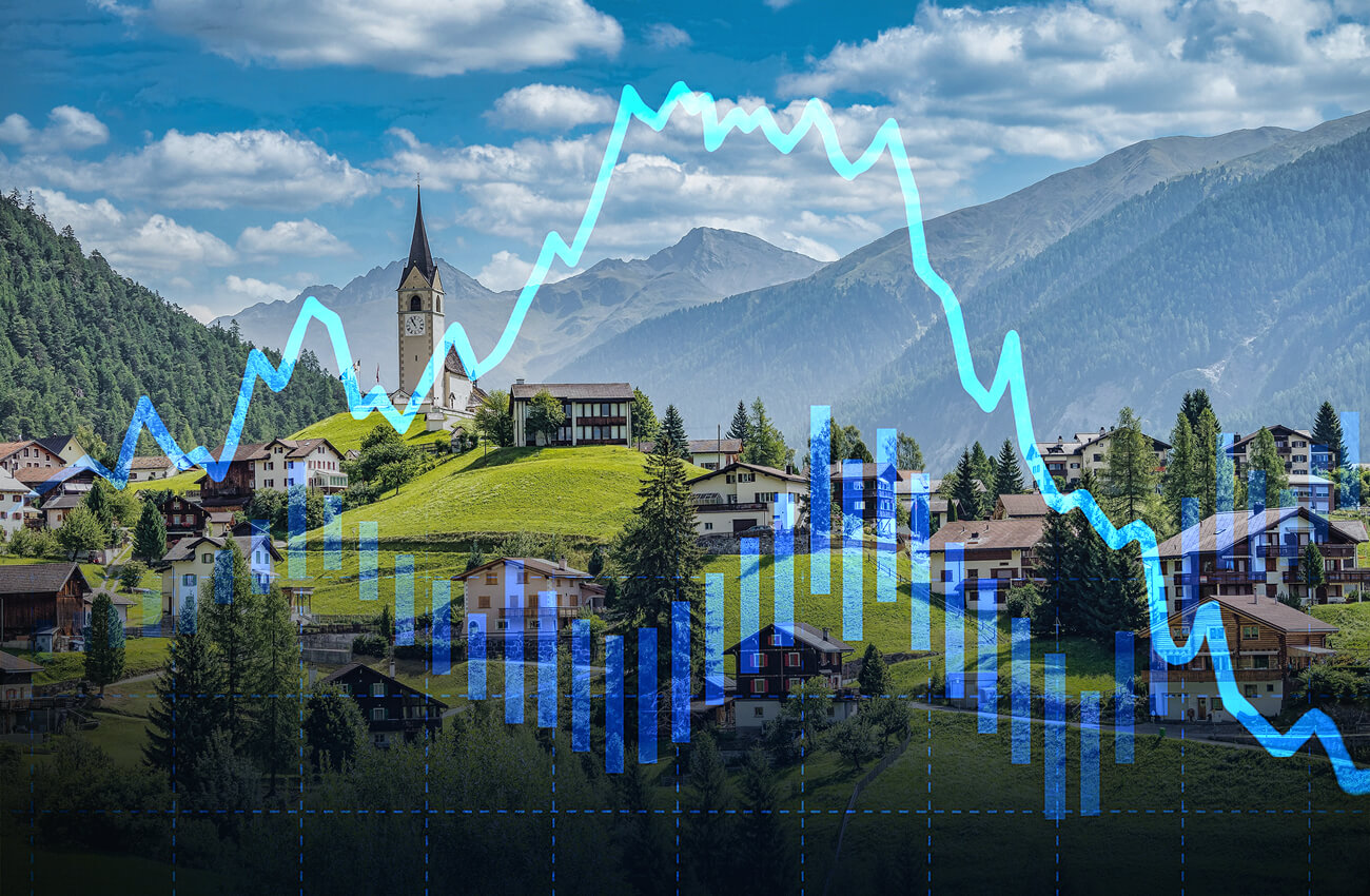 properti Blog Header - Schweizer Stadt am Abend mit Zinskurve