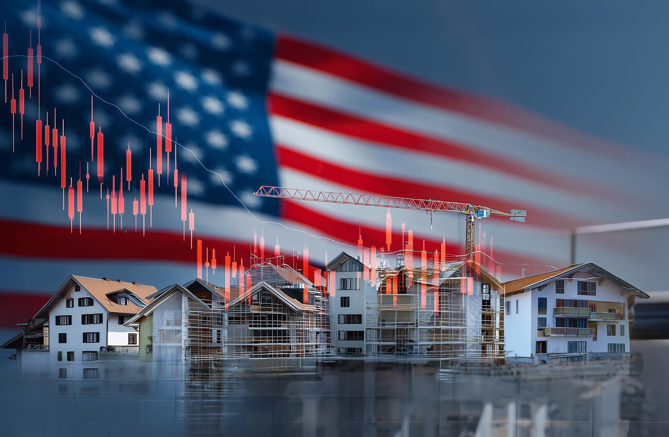 Wohn- und Gewerbebauten in der Schweiz vor US-Flagge mit Börsengrafik als Symbol für die Auswirkungen von US-Zöllen auf den Immobilienmarkt