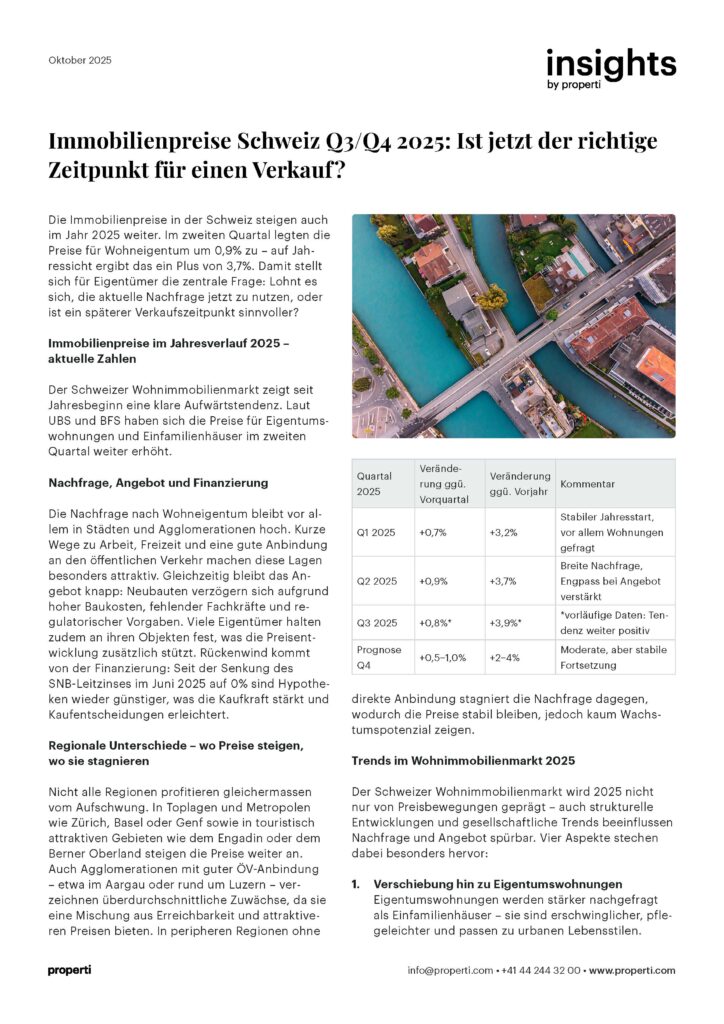 Insights, Immobilienpreise Schweiz Q3/Q4 2025: Ist jetzt der richtige Zeitpunkt für einen Verkauf? DE