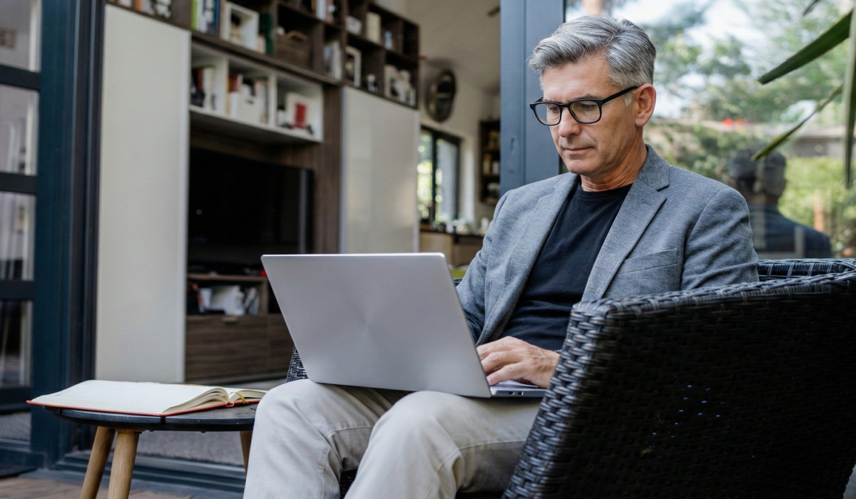 Ein älterer Mann sitzt auf seiner Terasse vor seinem Haus und informiert sich auf seinem Tablet über die Kosten beim Immobilienverkauf